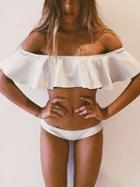 Romwe Ruffle Off-the-shoulder Bikini Set - White