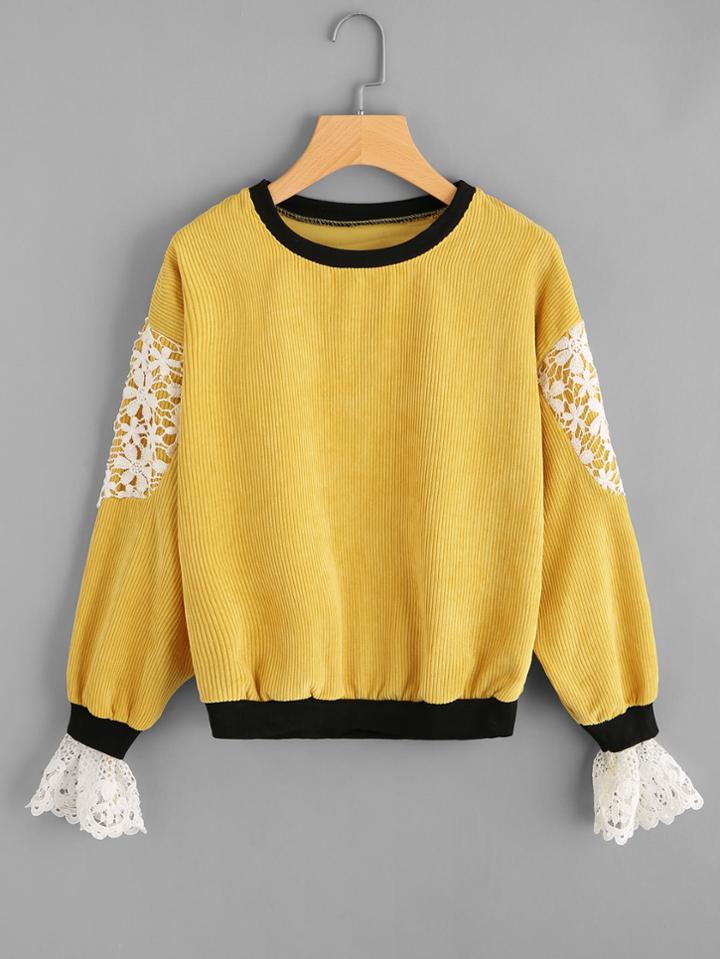 Romwe Contrast Trim Crochet Detail Corduroy Pullover