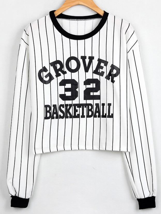 Romwe White Black Vertical Striped Letter Print Sweatshirt