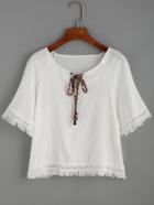 Romwe White Tassel Trimmed Lace Up Blouse
