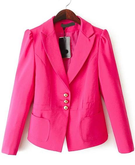 Romwe Notch Lapel Crop Pockets Rose Red Blazer