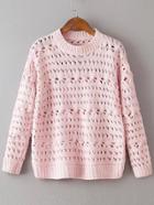 Romwe Pink Hollow Out Drop Shoulder Loose Sweater
