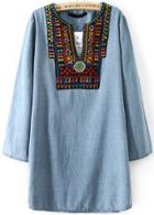 Romwe Blue V Neck Tribal Embroidered Loose Dress