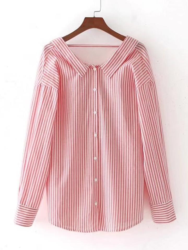 Romwe Vertical Striped Open Back Blouse