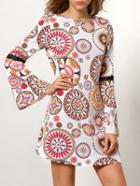 Romwe Multicolor Long Sleeve Backless Vintage Print Dress