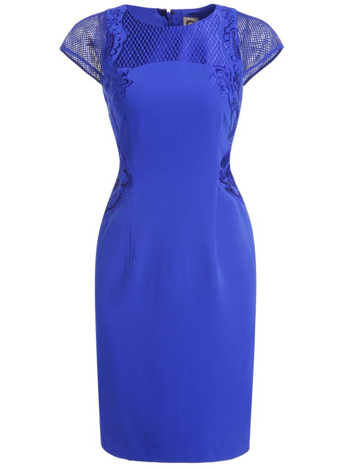 Romwe Blue Round Neck Cap Sleeve Embroidered Bodycon Dress