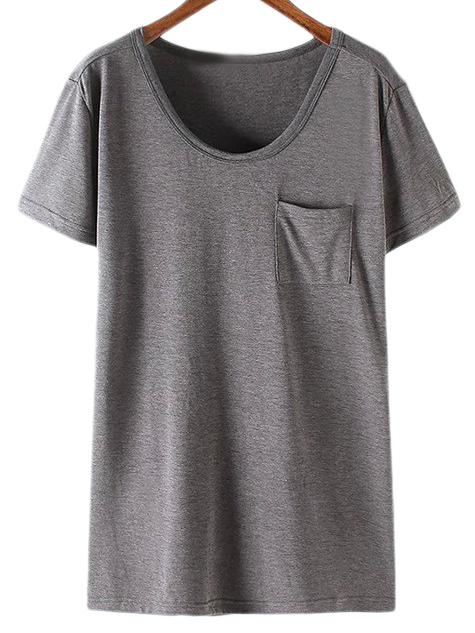Romwe Grey V Neck Short Sleeve Pocket Casual T-shirt