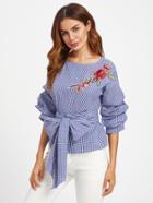 Romwe Gathered Sleeve Embroidered Applique Belted Gingham Top