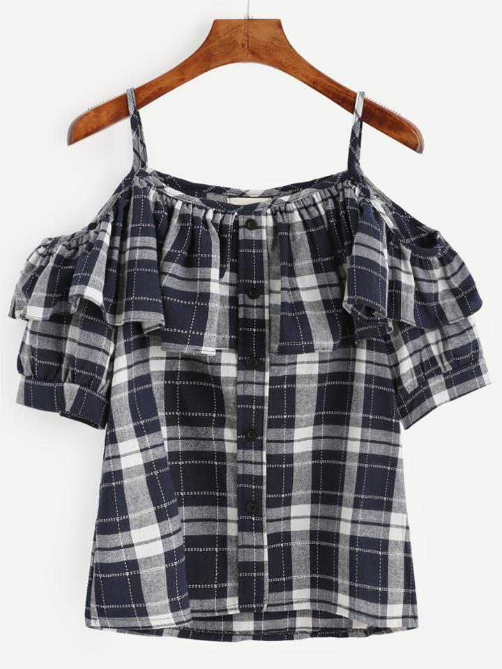 Romwe Navy Plaid Button Front Ruffle Cold Shoulder Blouse