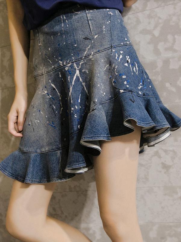 Romwe Speckled Print Peplum Hem Denim Skirt