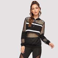 Romwe Half O-ring Zipper Fishnet Hoodie
