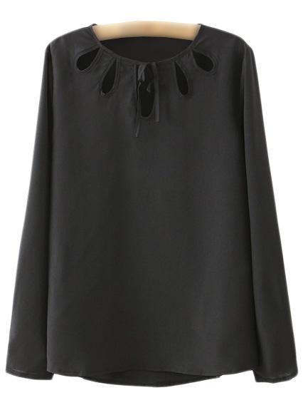 Romwe Black Long Sleeve Tie Neck Bow Blouse