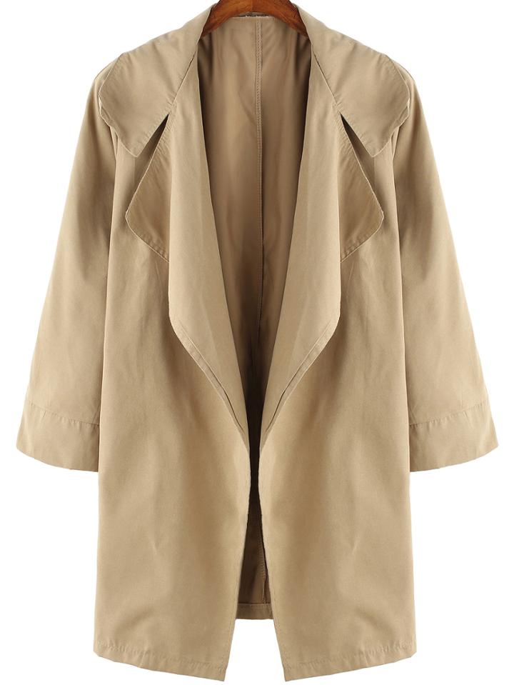 Romwe Lapel Casual Loose Khaki Trench Coat