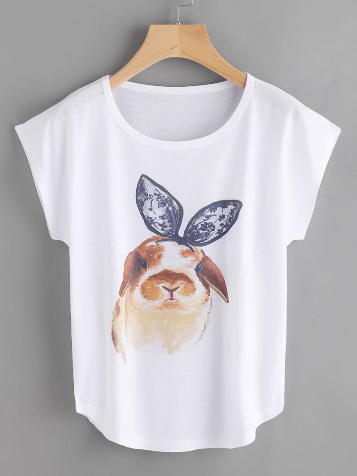 Romwe Rabbit Print Cap Sleeve Tee