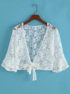 Romwe Half Sleeve Knotted Lace Crop White Top