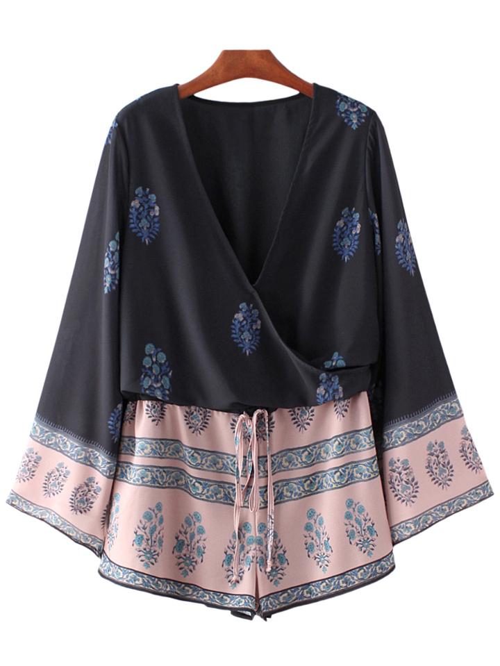 Romwe Multicolor Cross V Neck Bell Sleeve Tie-waist Print Romper