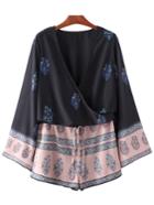 Romwe Multicolor Cross V Neck Bell Sleeve Tie-waist Print Romper