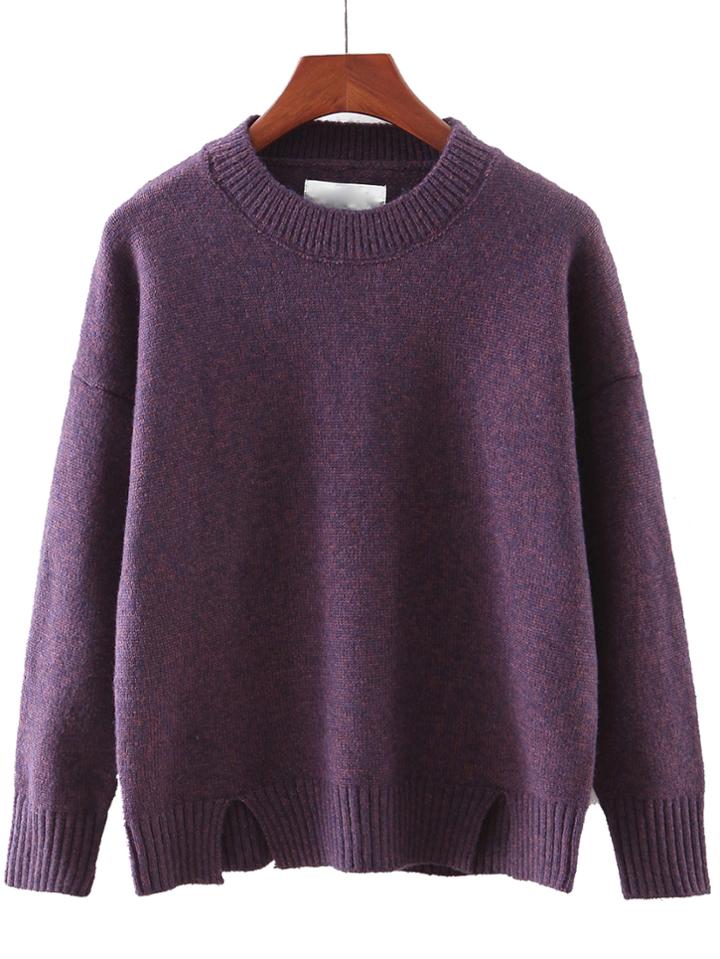 Romwe Purple Round Neck Split Knitwear