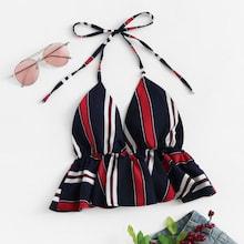 Romwe Striped Ruffle Hem Halter Top