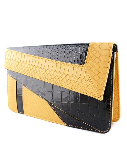 Romwe Yellow Black Crocodile Leather Clutch Bag
