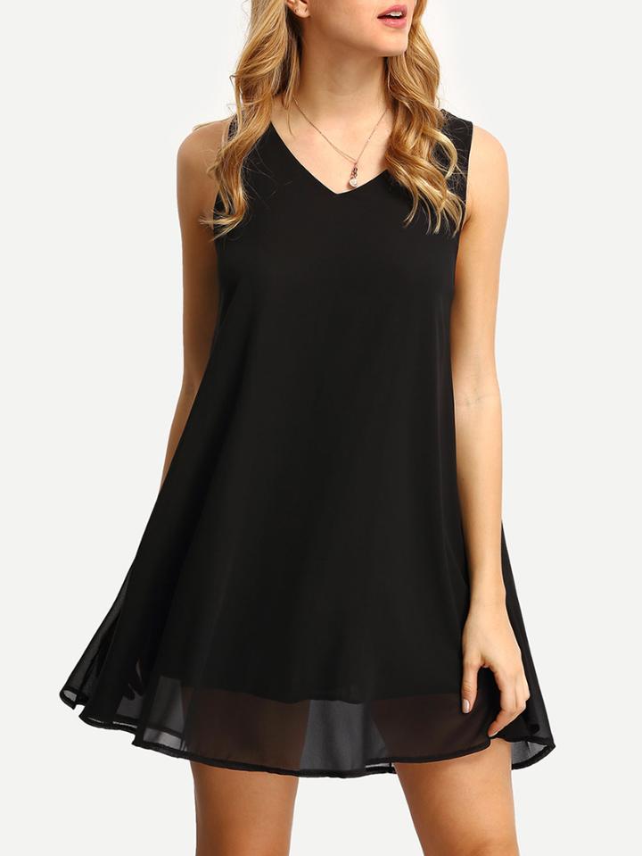 Romwe Black V Neck Chiffon Dress