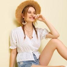 Romwe Eyelet Embroidery Tie Front Ruffle Hem Blouse