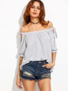 Romwe Vertical Striped Off The Shoulder Tie Sleeve Top