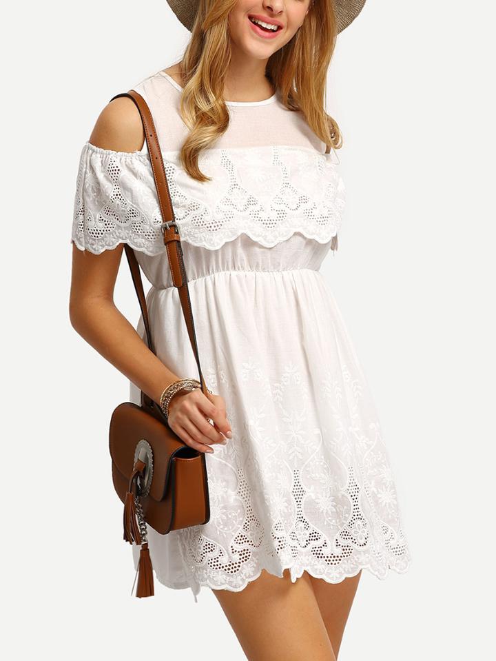 Romwe Open Shoulder Flounce Embroidery Eyelet Dress