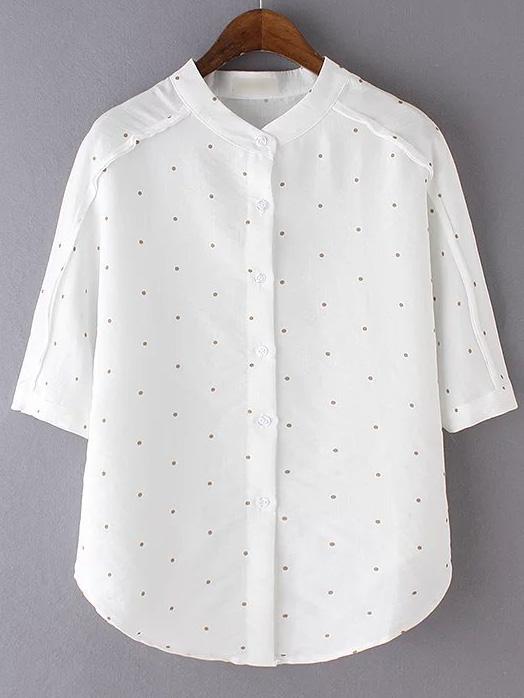 Romwe Khaki Band Collar Polka Dots Buttons Front Blouse