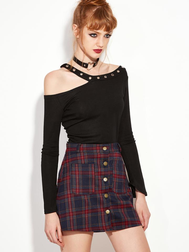 Romwe Black Asymmetric Cold Shoulder Metal Eyelet T-shirt