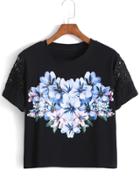 Romwe Lace Insert Florals Black T-shirt