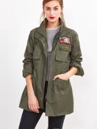 Romwe Army Green Embroidered Patches Coat