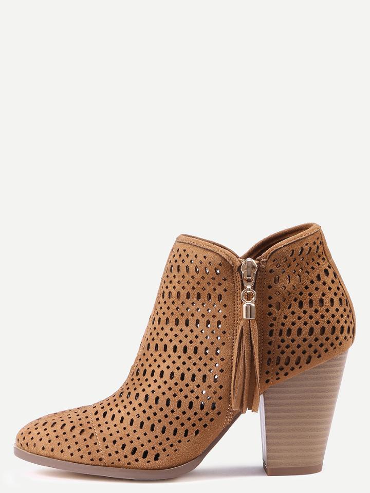 Romwe Tan Faux Suede Laser Cut Wood Heel Boots