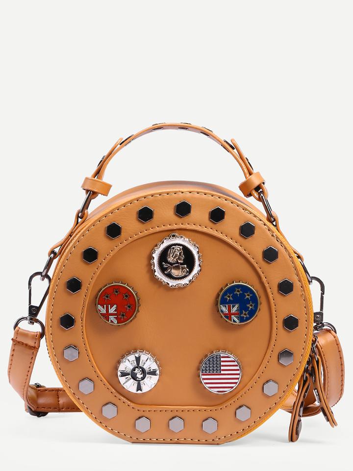 Romwe Brown Metal Charm Studded Round Bag