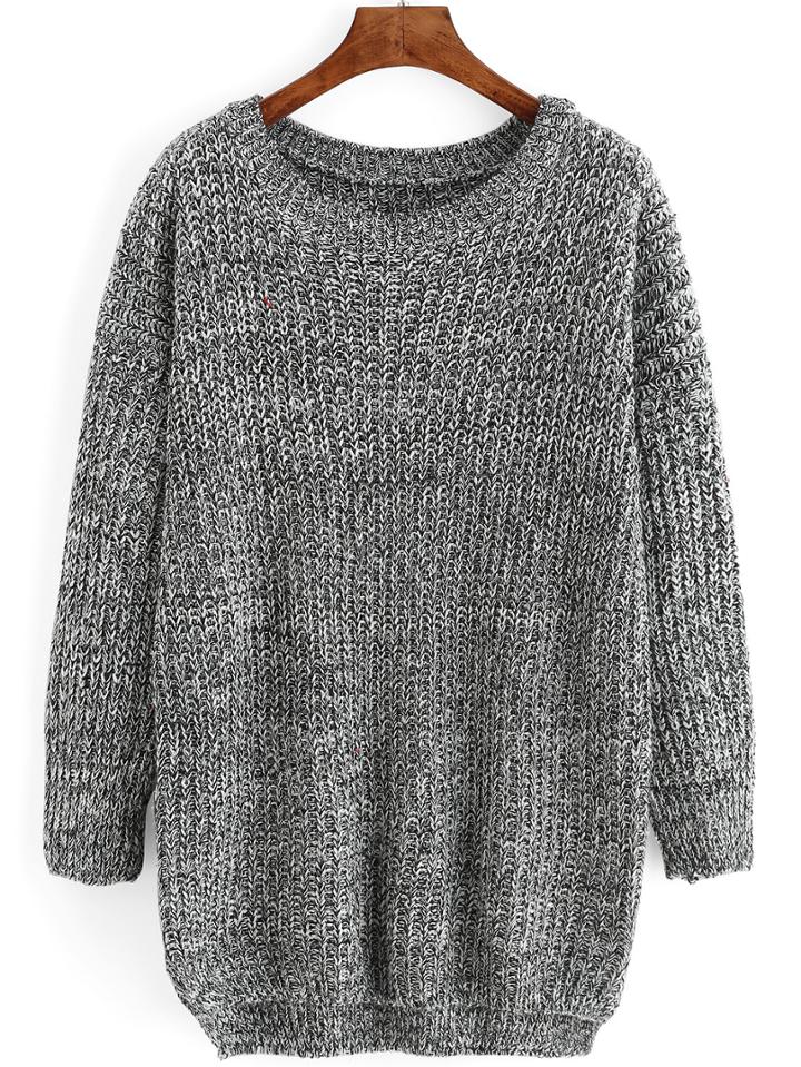 Romwe Black Round Neck Dip Hem Loose Sweater