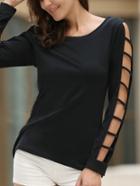 Romwe Black Long Sleeve Cut Out T-shirt