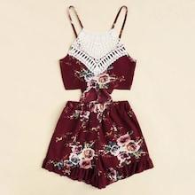 Romwe Plus Contrast Lace Tie Back Florals Top With Shorts