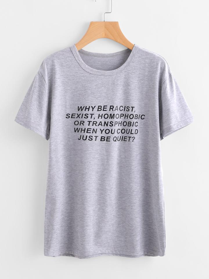 Romwe Sentence Print Marled T-shirt