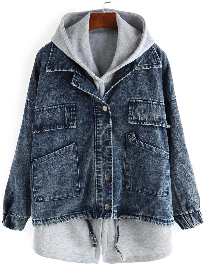 Romwe Lapel Drawstring Pockets Denim Coat With Hooded Vest