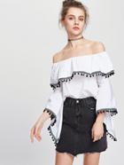 Romwe Off The Shoulder Embroidered Tape Detail Pom Pom Top