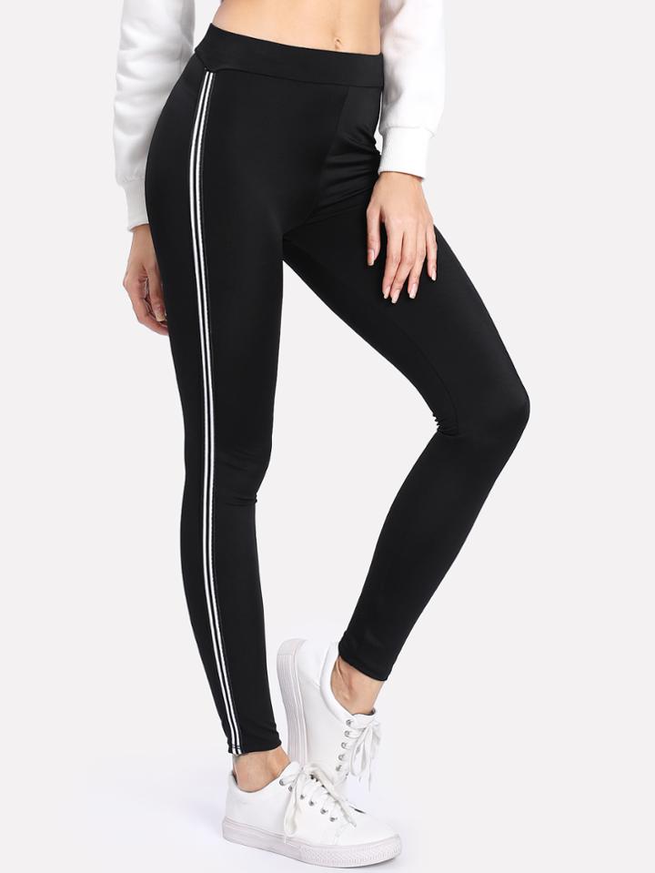 Romwe Striped Tape Side Skinny Leggings