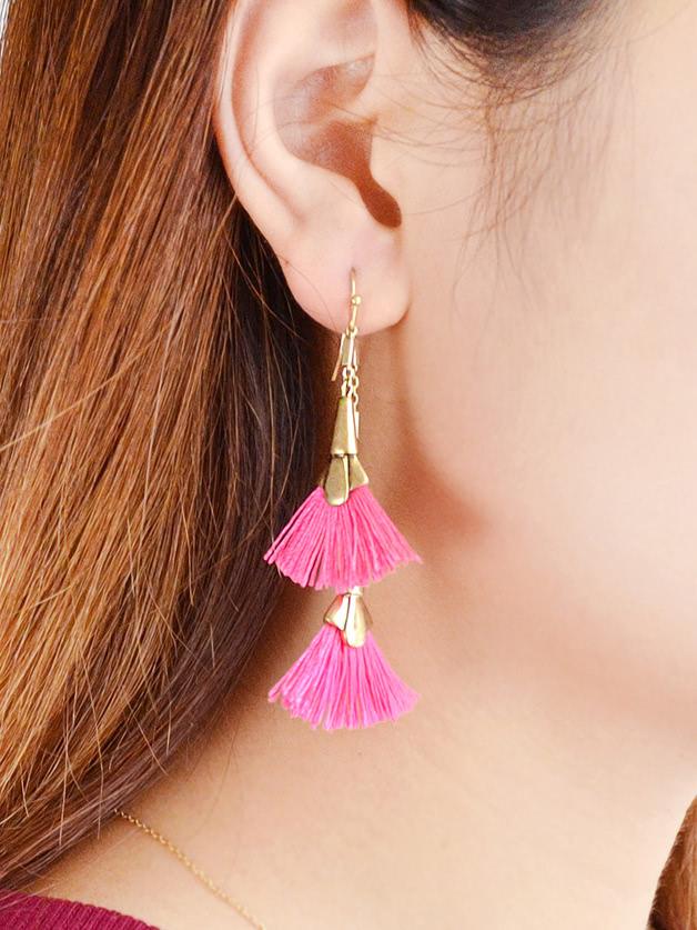 Romwe Pink Tassel Geometric Shape Drop Earrings