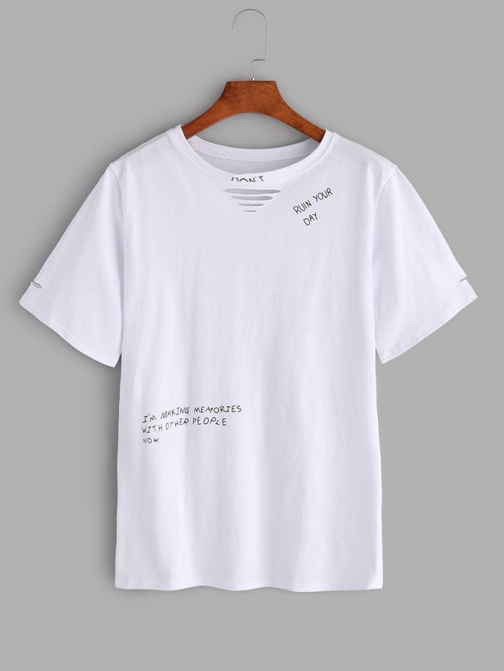 Romwe White Sentence Print Ripped T-shirt