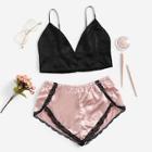 Romwe Lace Trim Satin Bralette With Shorts
