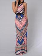 Romwe Multicolor Tribal Print Cutout Slit Maxi Dress