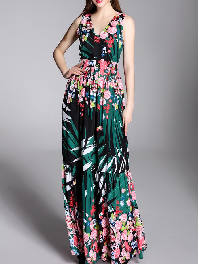 Romwe Multicolor V Neck Floral A-line Maxi Dress