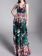 Romwe Multicolor V Neck Floral A-line Maxi Dress