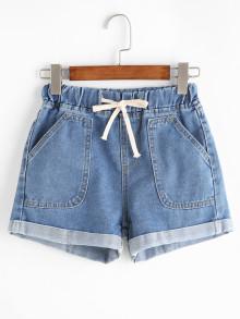 Romwe Drawstring Rolled Hem Denim Shorts