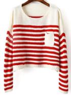 Romwe Red Striped Drop Shoulder Sweater With Pocket