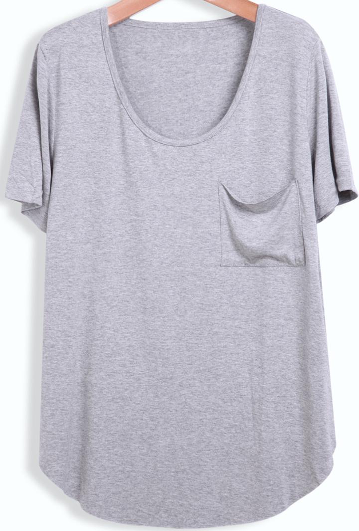 Romwe Scoop Neck Pocket Loose Grey T-shirt